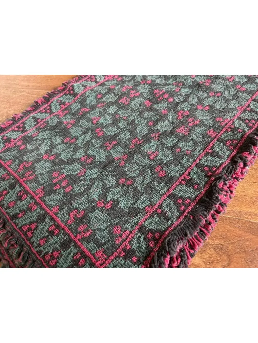Vintage Woven Wool Table Runner with Fringe Christmas Berry Holly Print